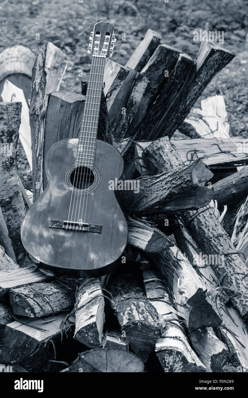 Classical guitar leaning against wood logs in the forest. Blue duo tone effect. Stock Photo