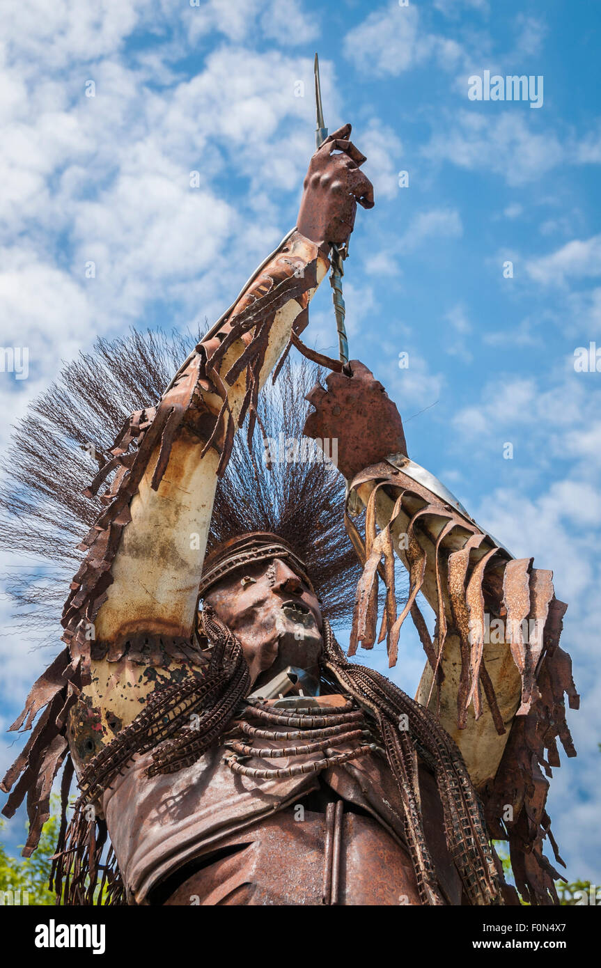 Statue of Native American man, made of scrap metal, by artist Jay Laber, created for the Lewis & Clark Bicentennial; Broadwater Stock Photo