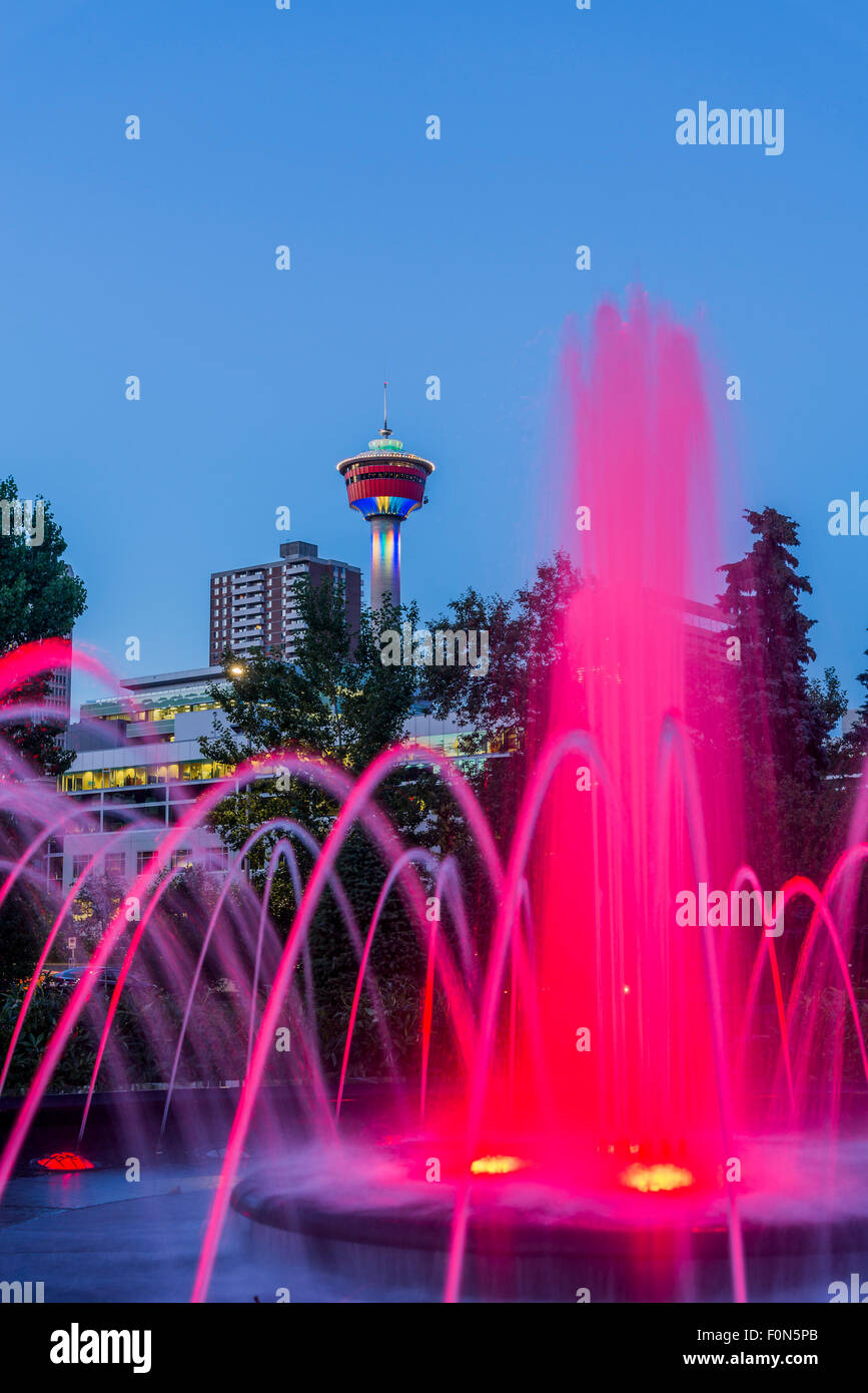 Illuminated fountain, Central Memorial Park, Calgary, Alberta, Canada