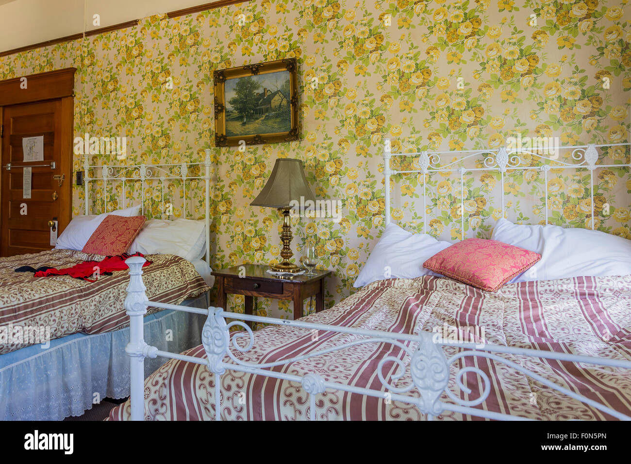 Bedroom, Historic Quilchena Hotel, Quilchena, near Merritt, British Columbia, Canada Stock Photo