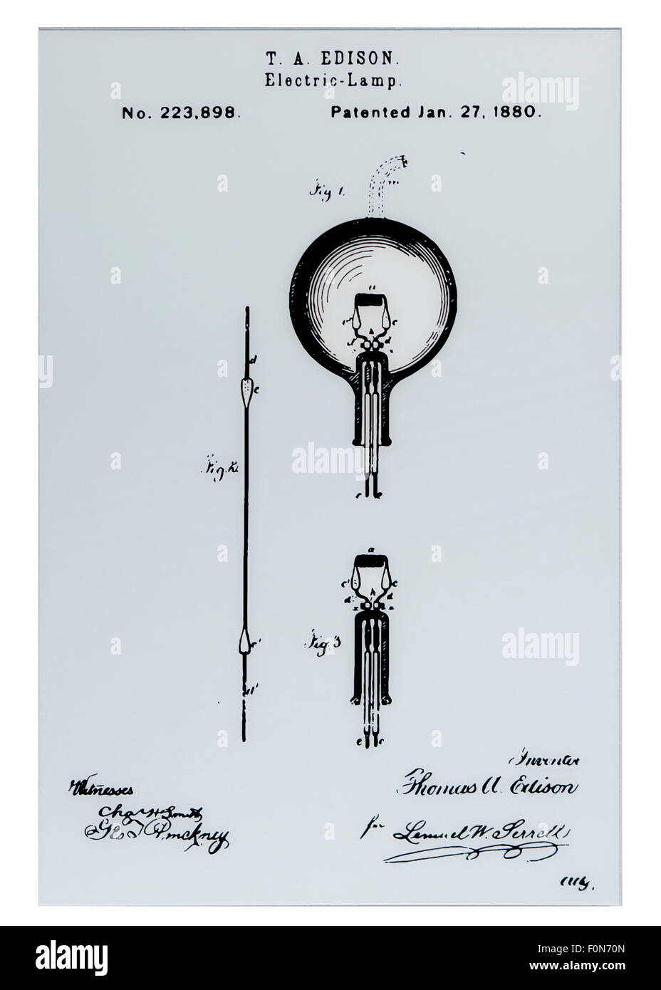 Original Thomas Edison light bulb US Patent image, circa 1880 - US Patent and Trademark Office, Washington, DC USA Stock Photo