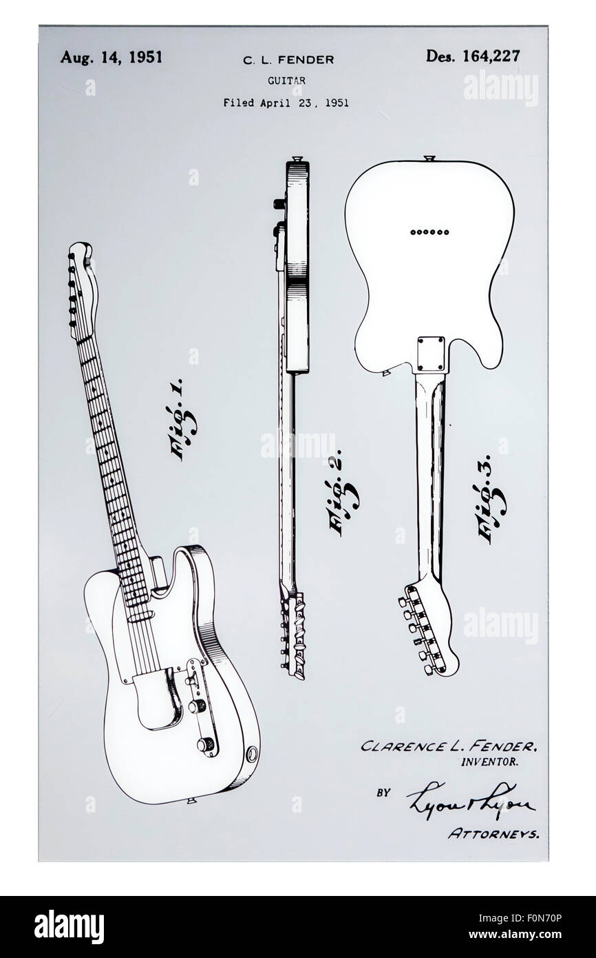 Original Fender electric guitar US Patent image, circa 1951 - US Patent and Trademark Office, Washington, DC USA Stock Photo
