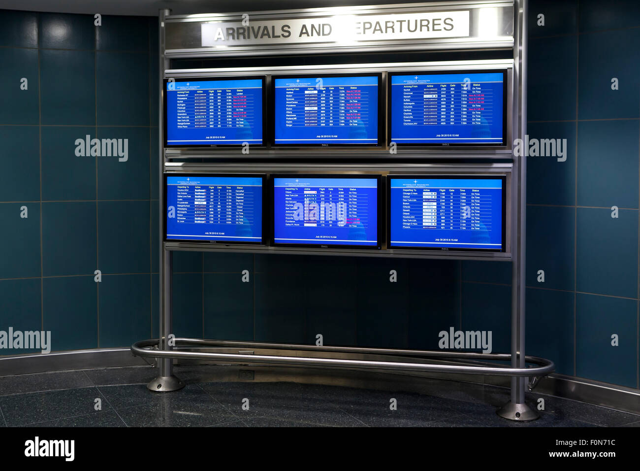 Flight Information display board at Ronald Reagan Washington National Airport - USA Stock Photo