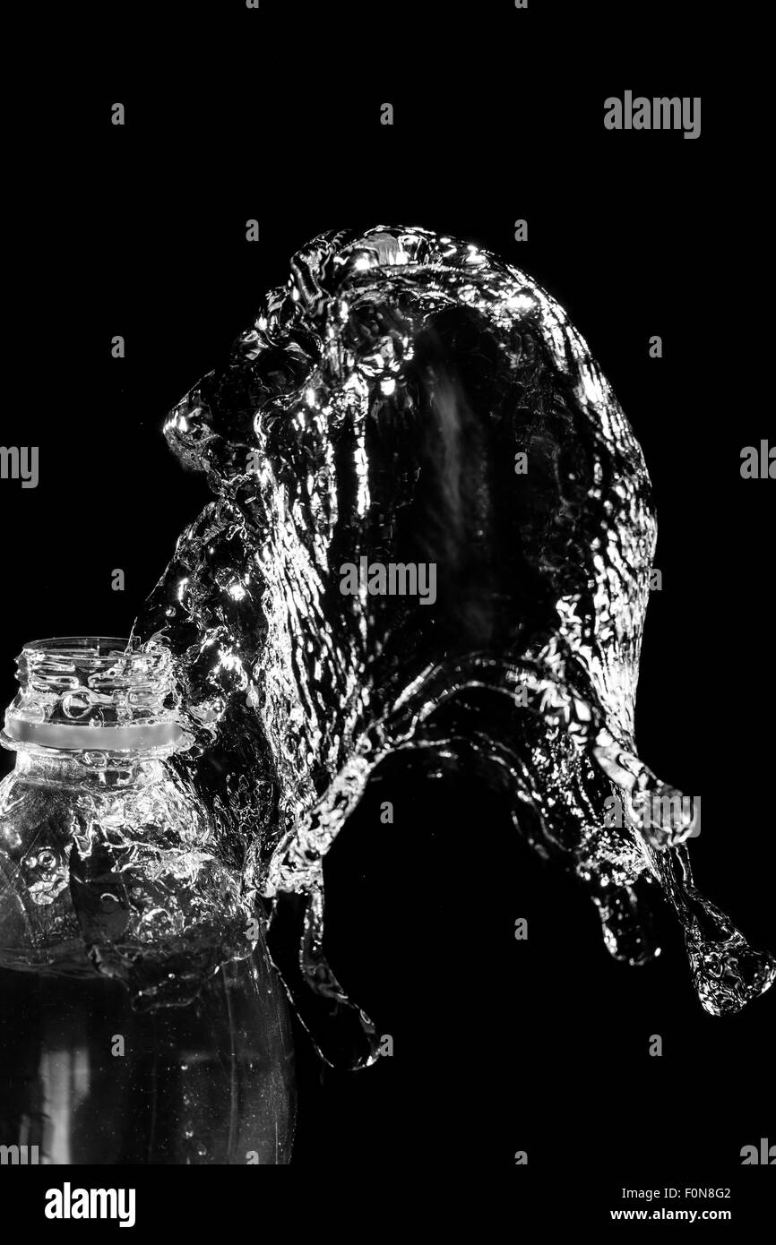 Abstract water jet crashes on a black background from a plastic bottle