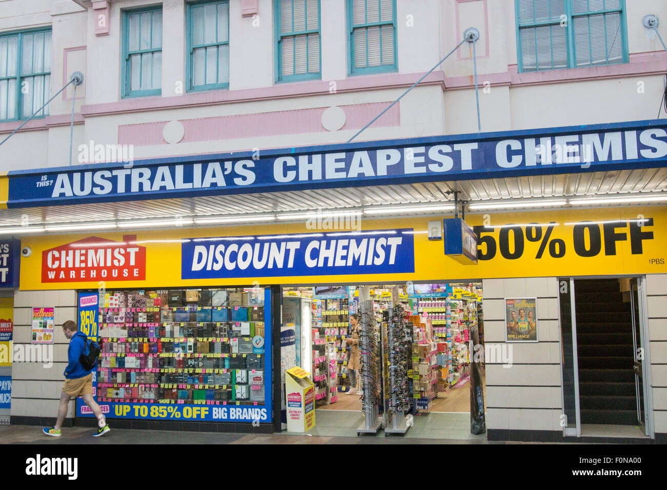 discount chemist in Manly, beach suburb of Sydney in the early evening,new south wales,australia Stock Photo