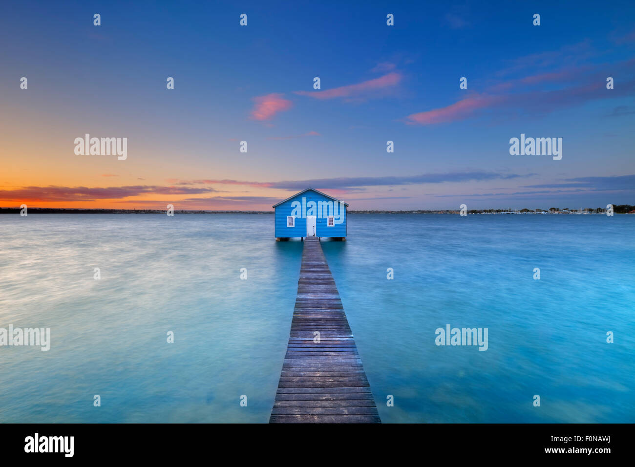 Sunrise over the Matilda Bay boathouse in the Swan River in Perth, Western Australia. Stock Photo
