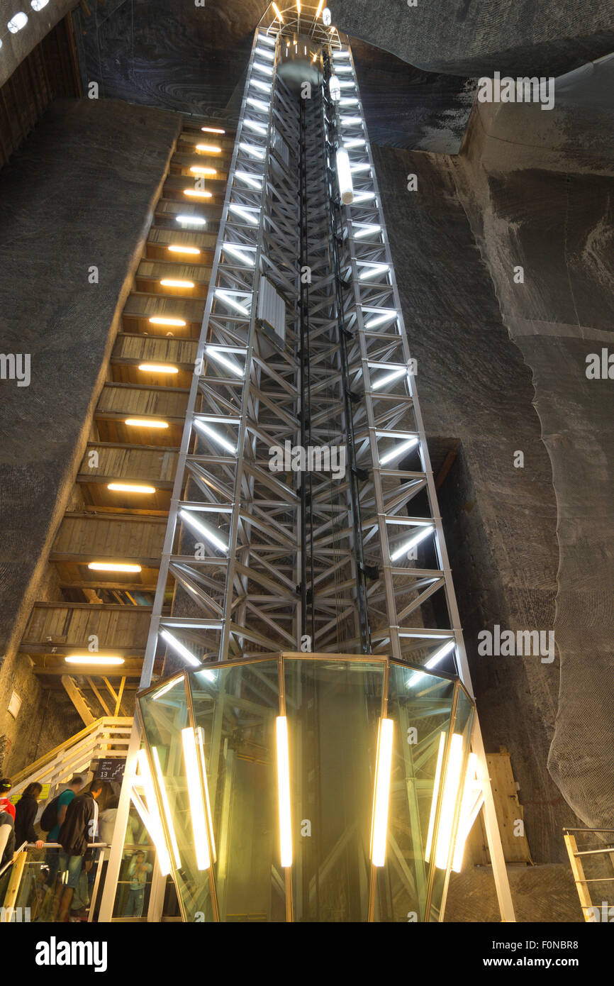 The stairs and elevator inside of Salt Mine in Turda, Romania Stock