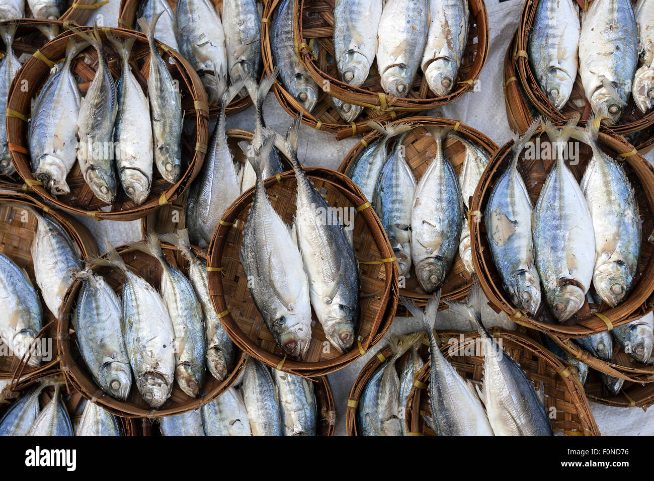 Fish in round baskets at a stall in a market, local market in Kyaing Tong, Shan State, Myanmar Stock Photo