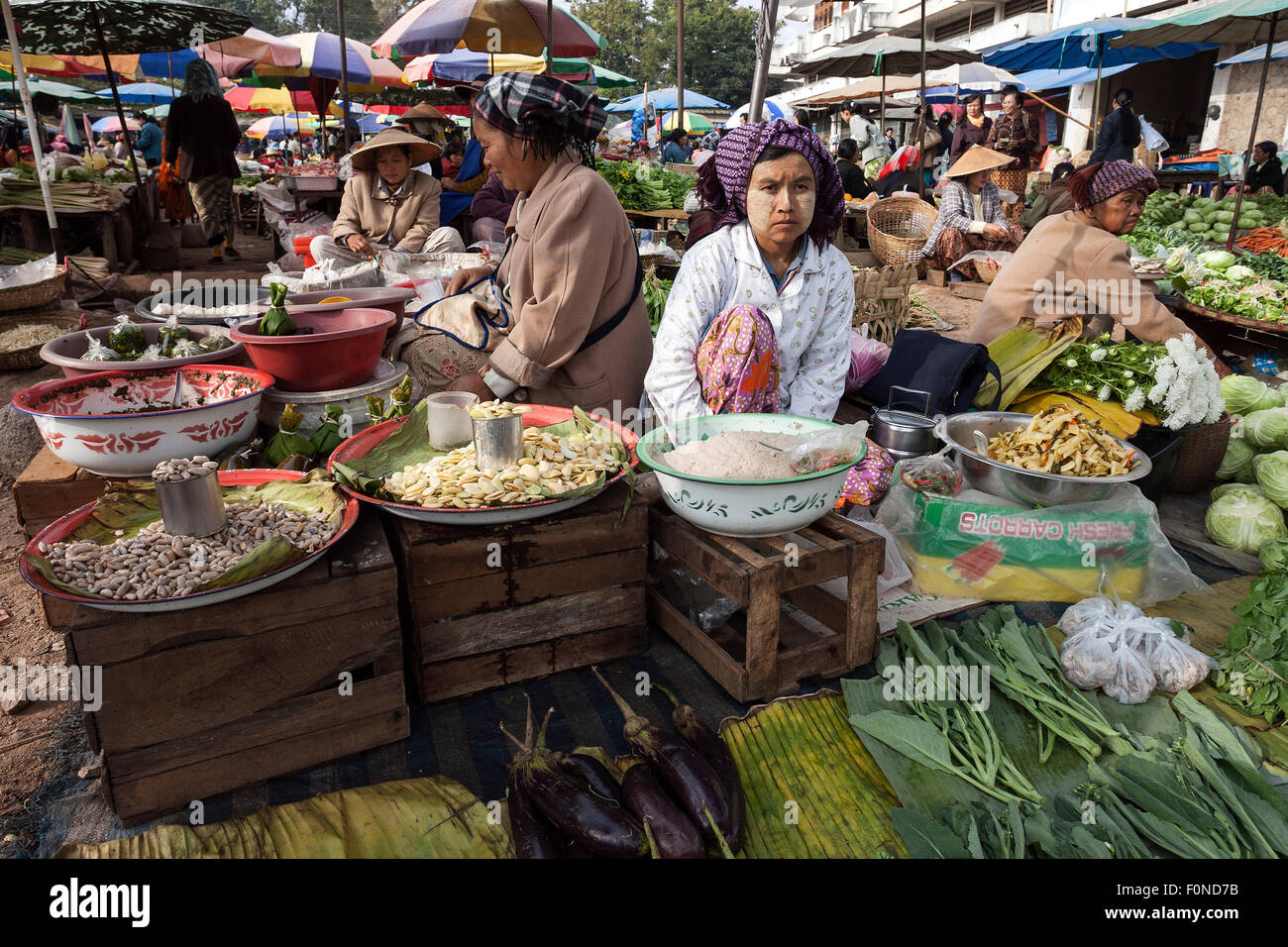 Local women selling vegetables at a market, local market, Kyaing Tong, Shan State, Myanmar Stock Photo