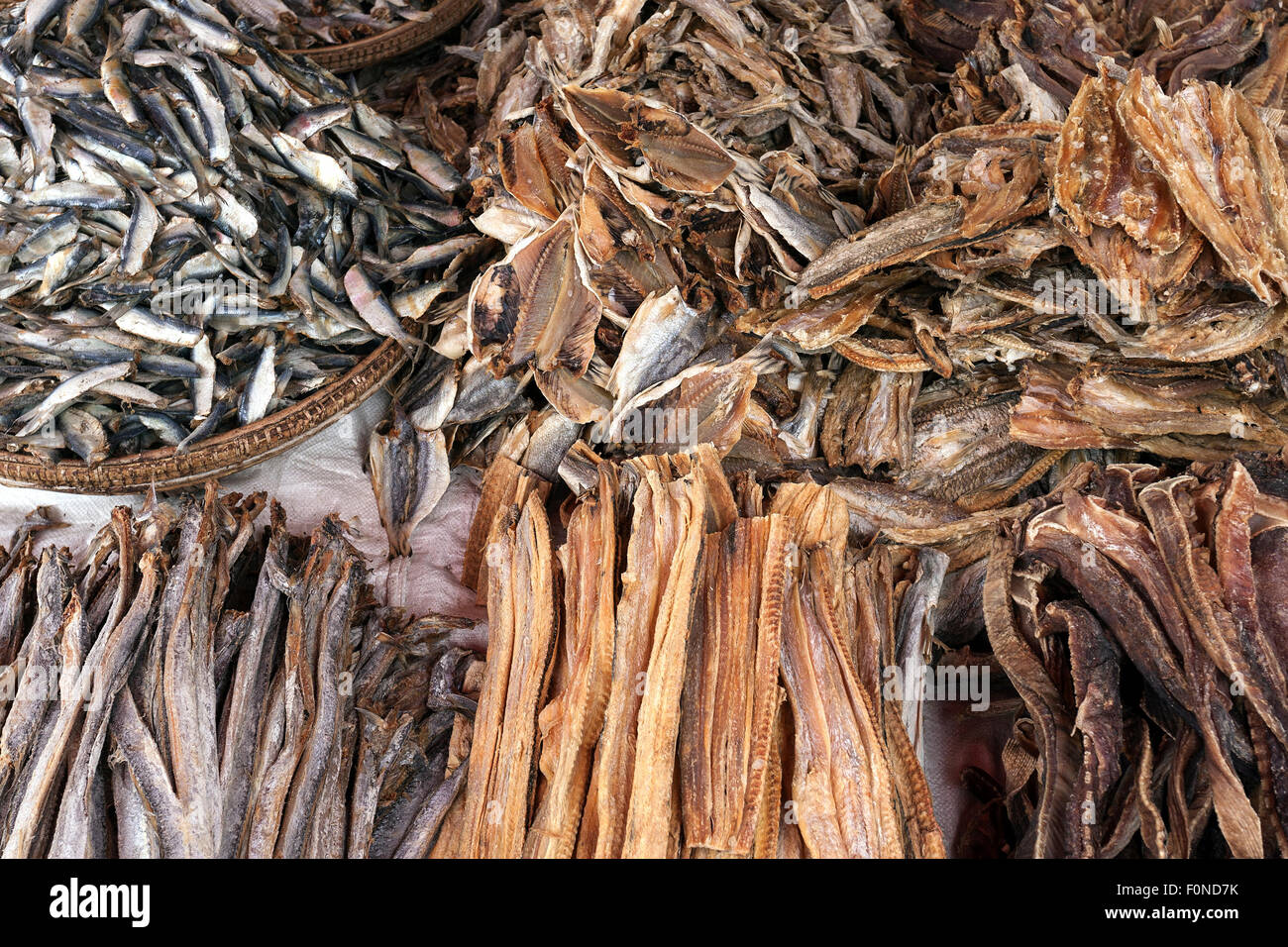 Dry fish at a market, local market in Kyaing Tong, Shan State, Myanmar Stock Photo