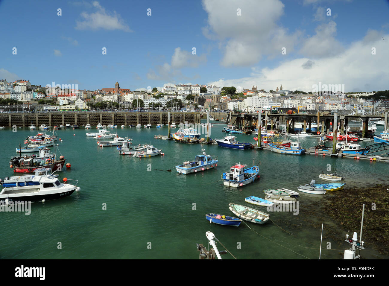 Boats in the harbour at St. Peter Port, Guernsey, Channel Islands, with
