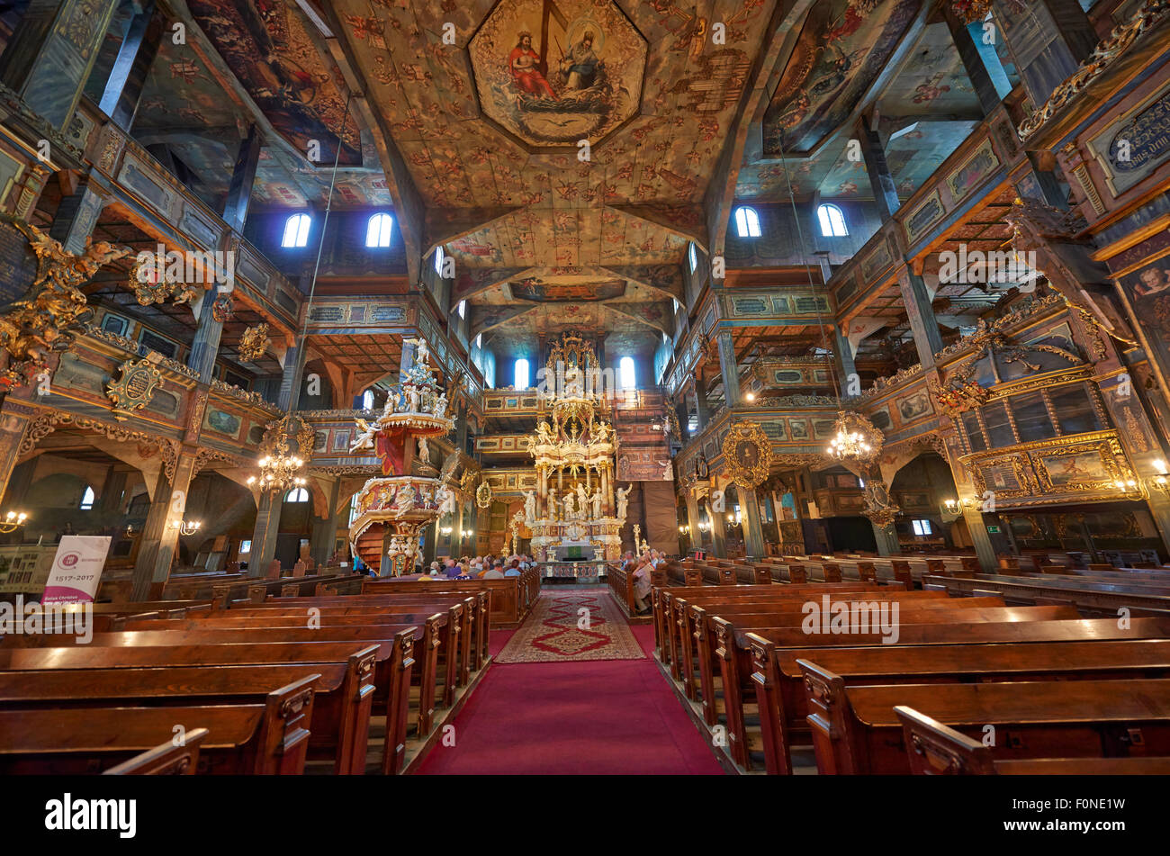 Interior shot of magnificently decorated wooden Protestant Church of Peace in Swidnica, UNESCO World Cultural Heritage, Poland Stock Photo