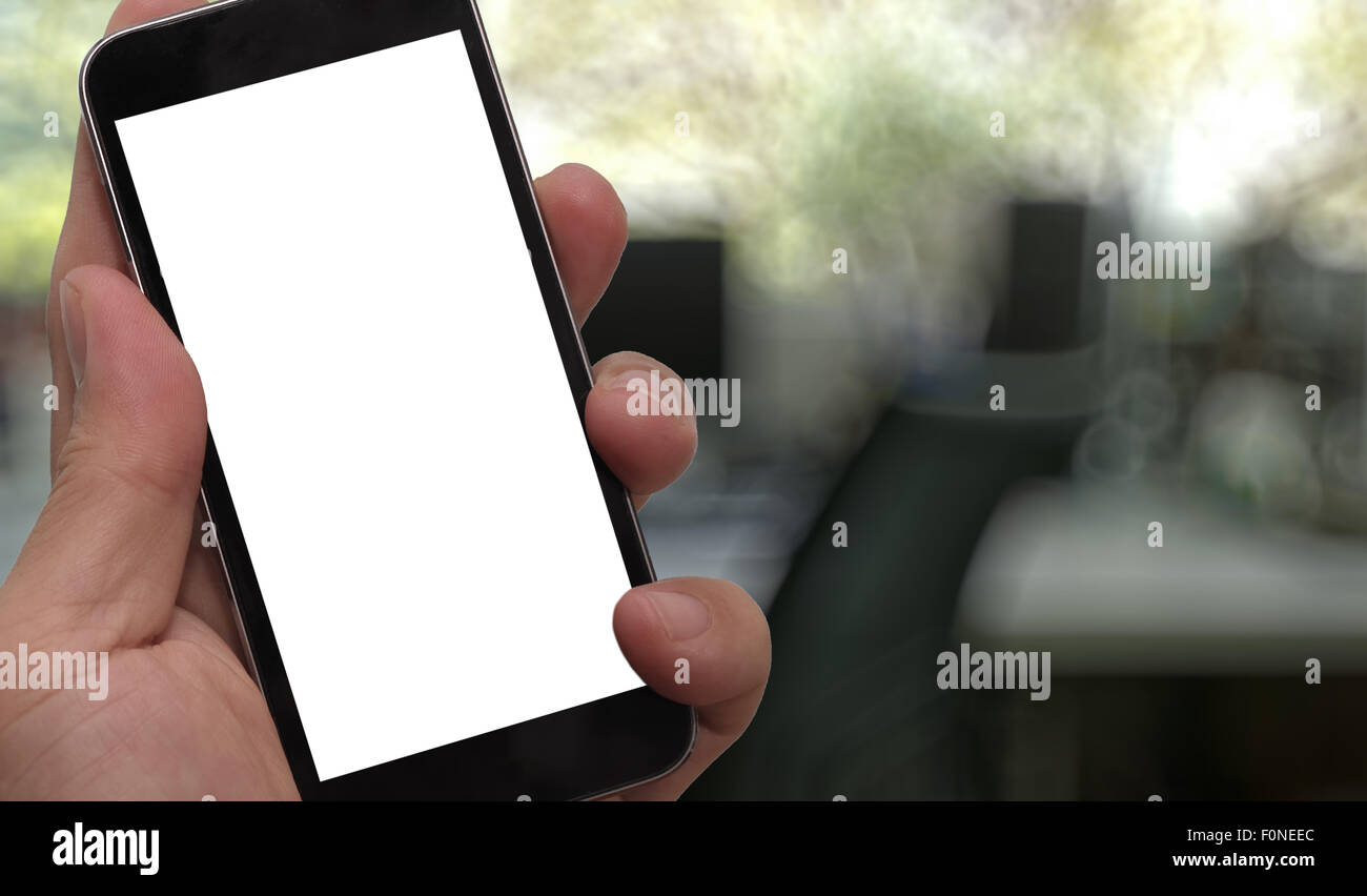 Closeup of Hand holding Blank Screen of Smart phone with blurred ...