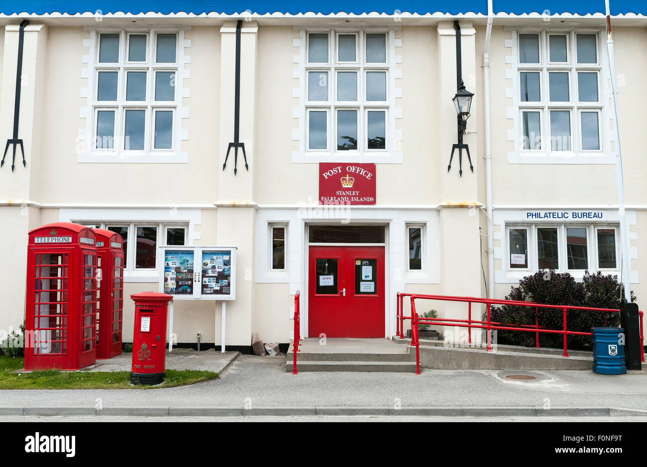 Post office and red telephone boxes Stanley or Port Stanley capital of the Falkland Islands UK Stock Photo