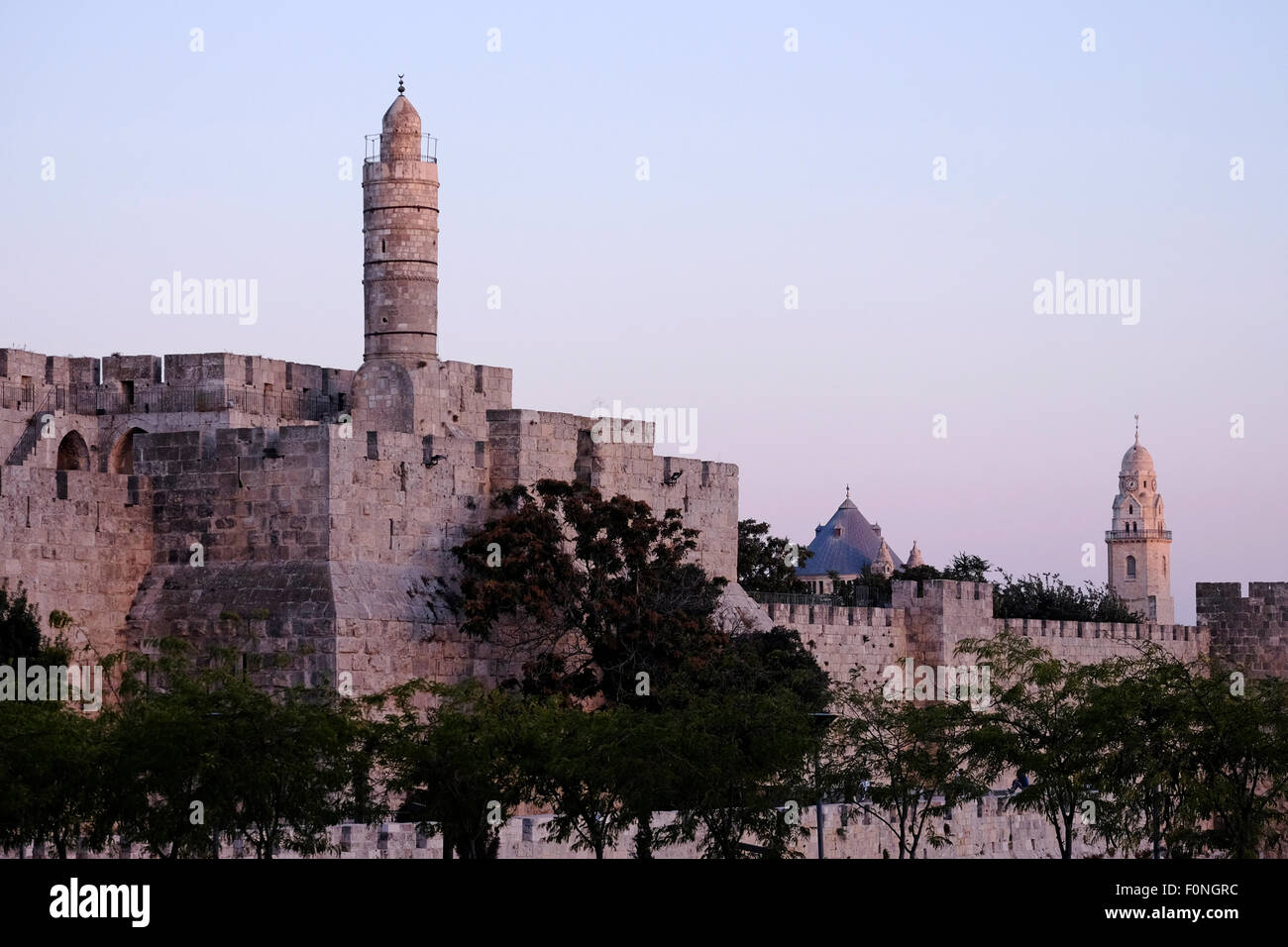 View of David citadel and Dormition Benedictine Abbey in Mount Zion Old city East Jerusalem Israel Stock Photo