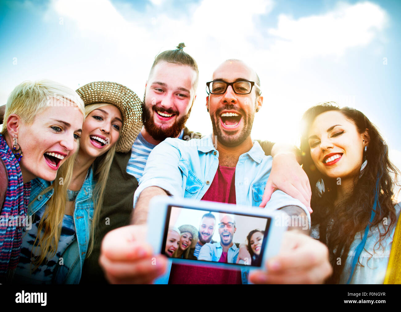 Diverse People Beach Summer Friends Fun Selfie Concept Stock Photo
