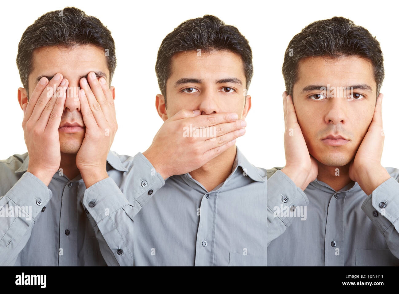 Man covering mouth, eyes and ears and reenacts the proverb of the