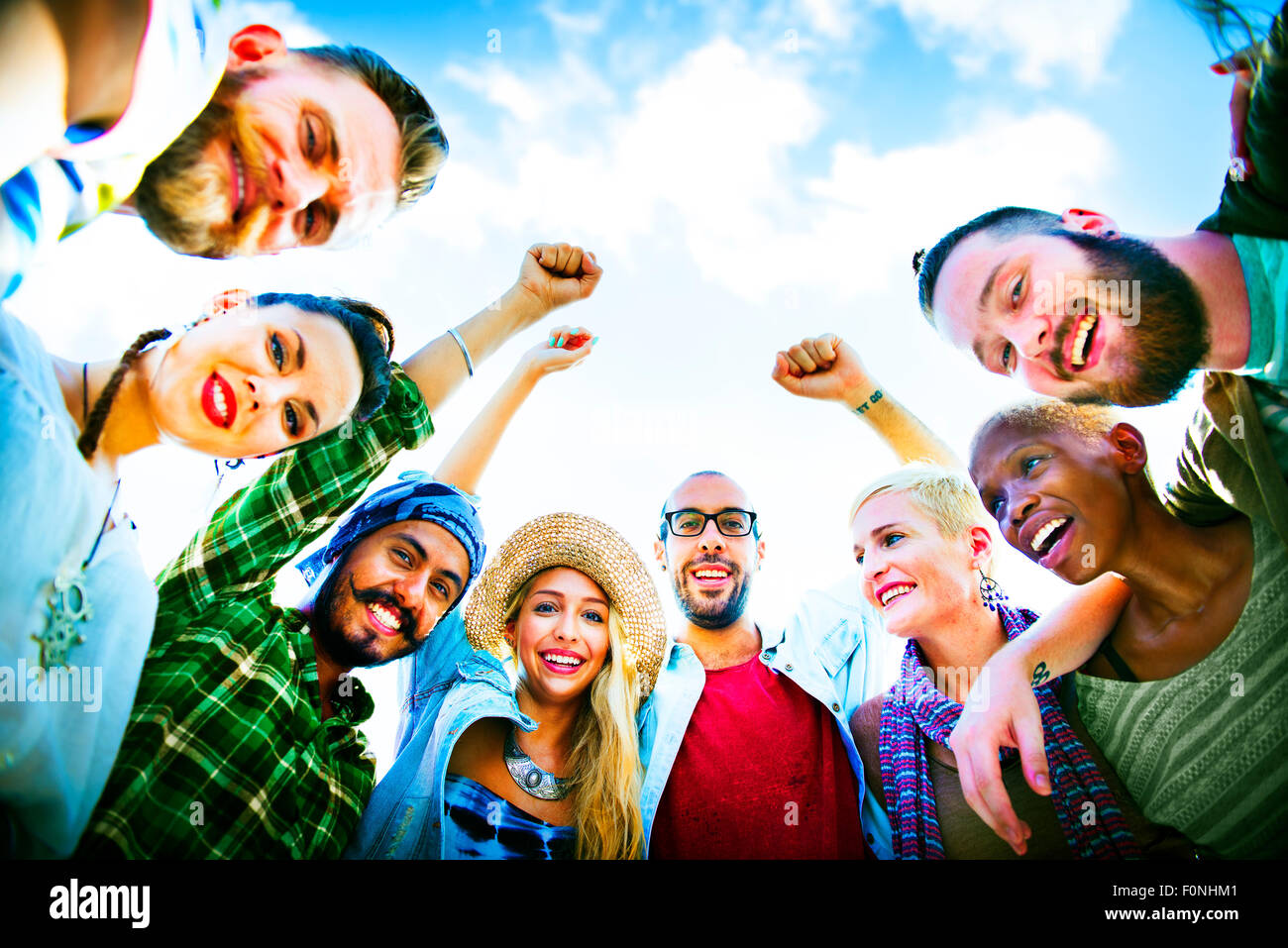 Friends Huddle Join Holiday Party Group Concept Stock Photo