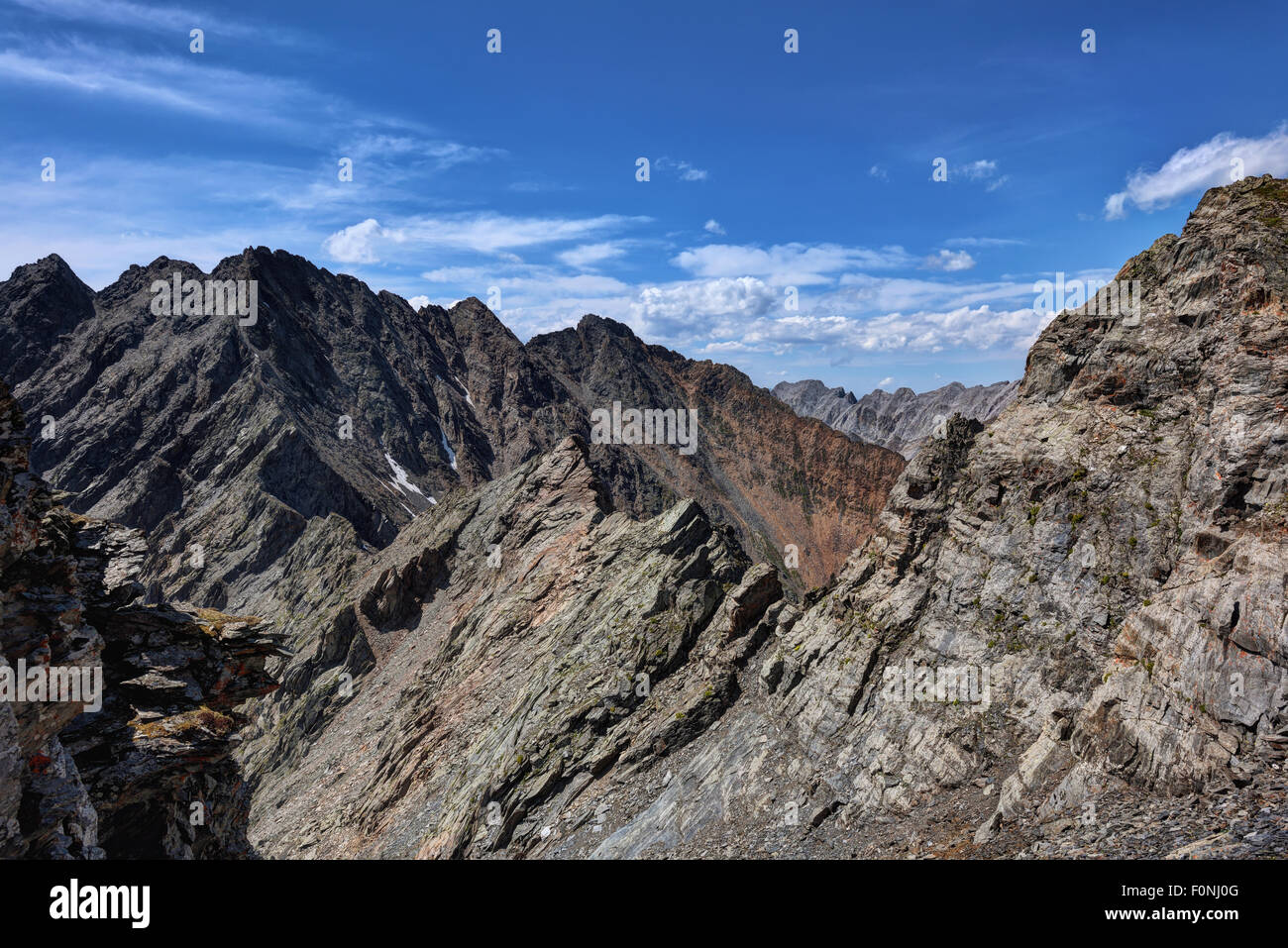 A small portion of the mountain range with peaks. Eastern Sayan. The Republic of Buryatia. Russia Stock Photo