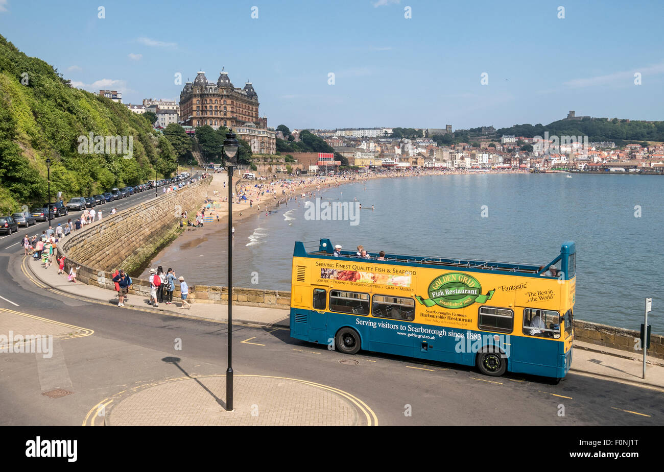 Scarborough Open Top Bus Grand Hotel and South Bay Stock Photo