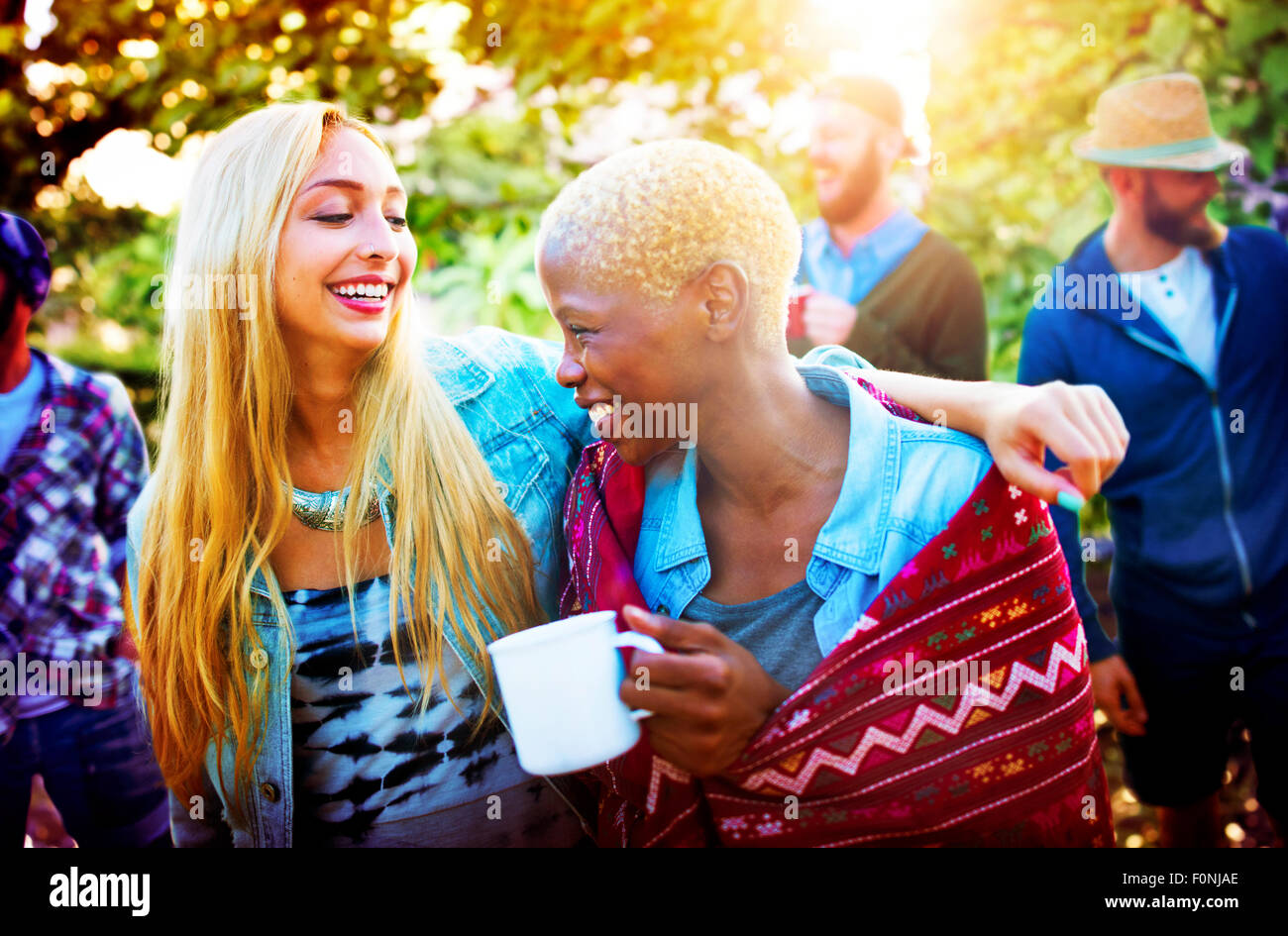Friends Outdoors Camping Holiday Cheerful Concept Stock Photo