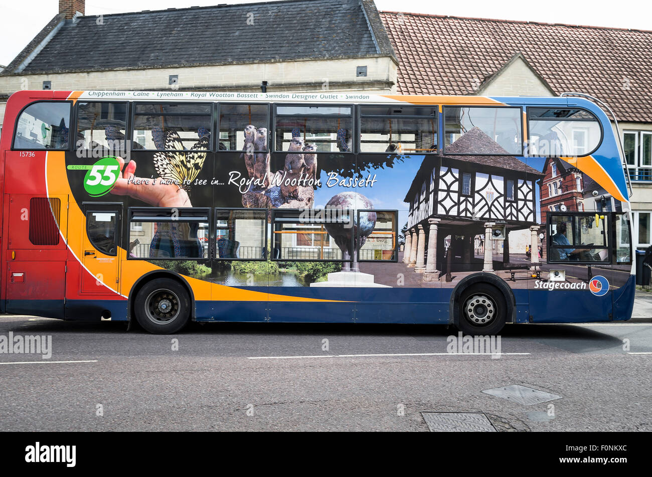 Stagecoach bus bearing pictorial illustrations of towns served on Route 55 Stock Photo