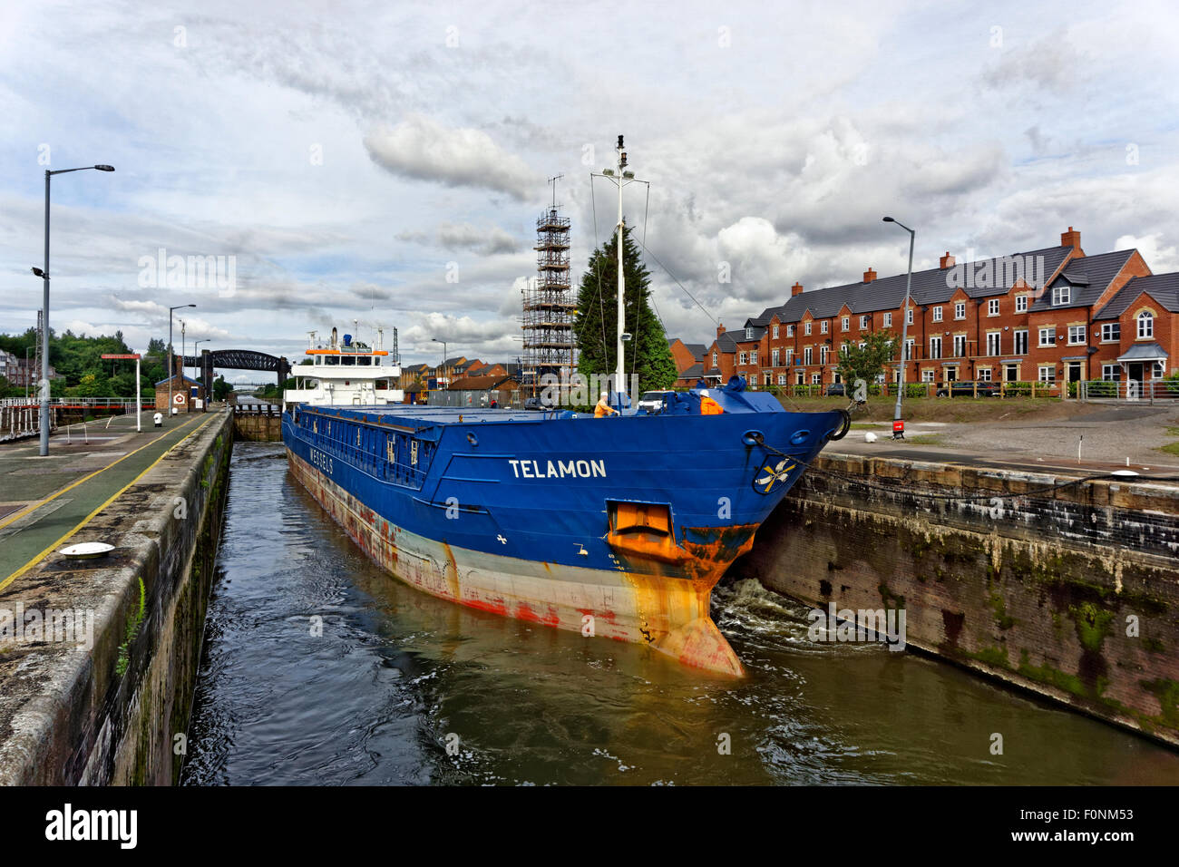 Coastal freighter 'Telamon' passing through Latchford Locks on the Manchester Ship Canal at Warrington, England. Stock Photo