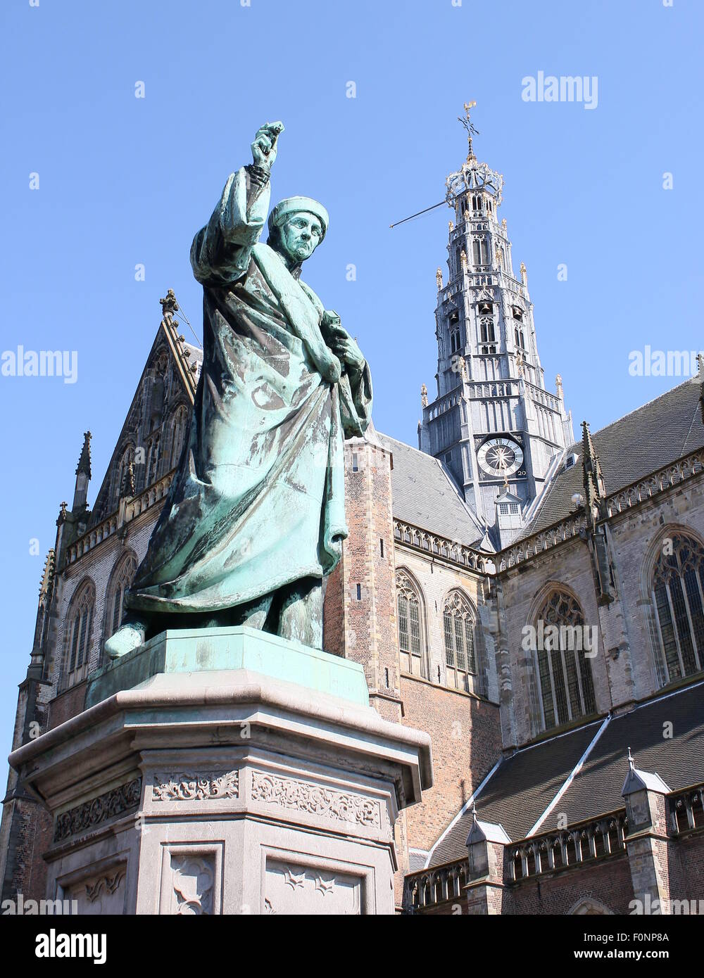 Grote or St Bavo church, Grote Markt square, Haarlem, Netherlands. Statue of Laurens Janszoon Coster, Dutch inventor of printing Stock Photo