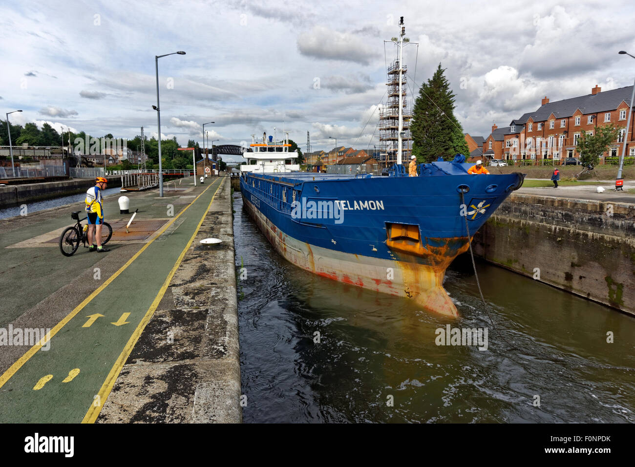 Coastal freighter 'Telamon' passing through Latchford Locks on the