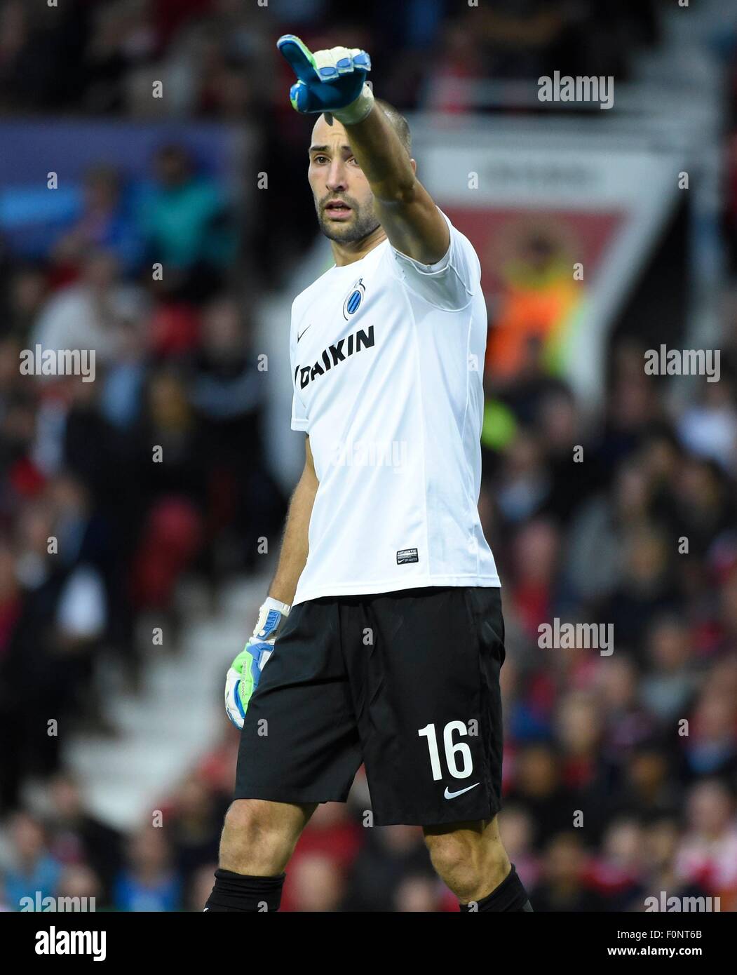 Old Trafford, Manchester, UK. 18th Aug, 2015. UEFA CHampions League match between Manchester United and FC Brugge, 1st leg. Bruzzese Sebastien goalkeeper of Club Brugge gives instructions for a free kick Credit:  Action Plus Sports/Alamy Live News Stock Photo