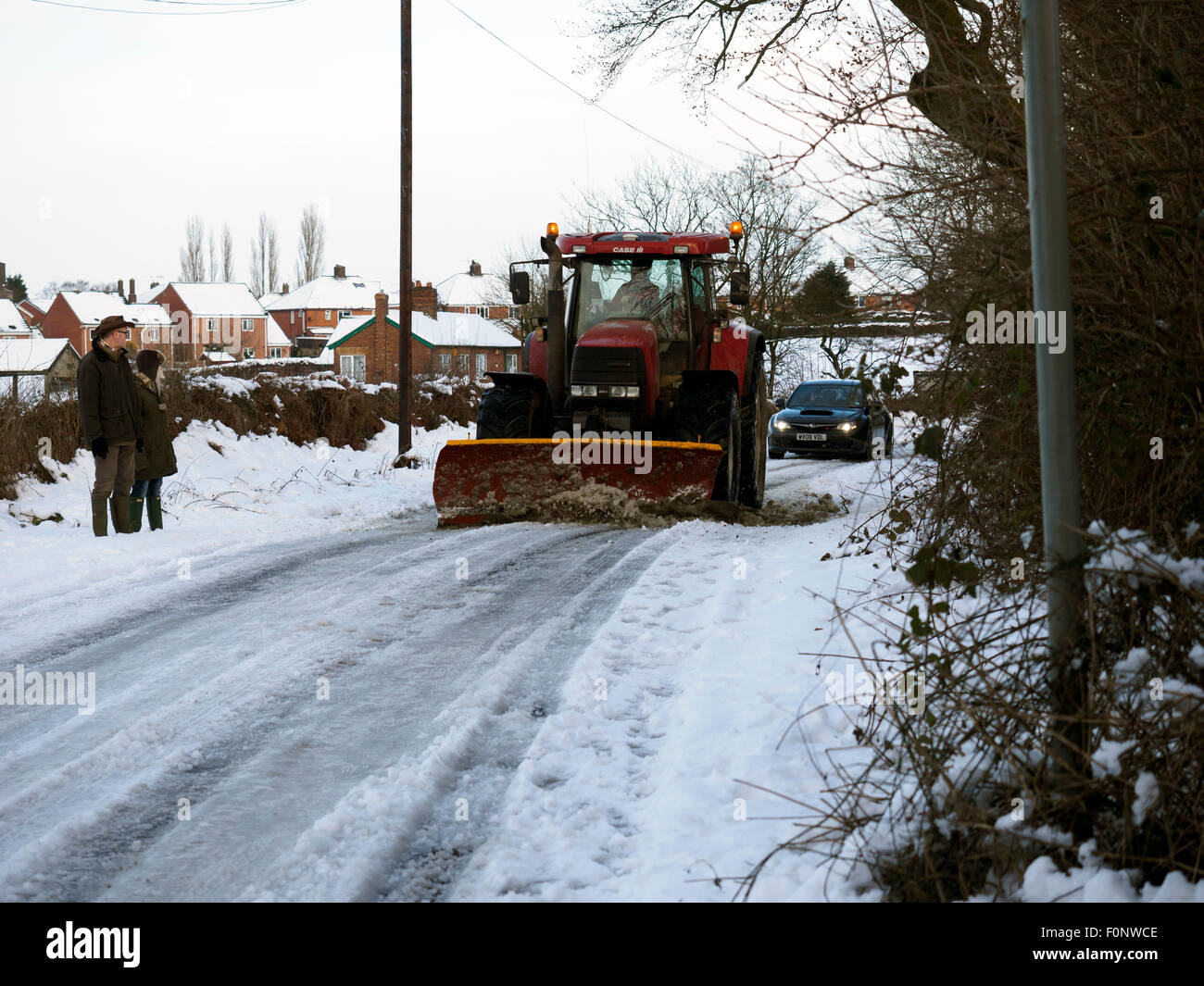 Snow plough clearing roads in Derbyshire England after heavy snow in
