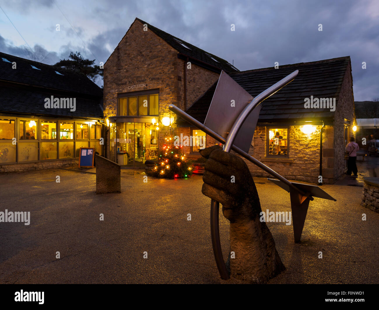 Tourist information center and Christmas illuminations in the Peak District village of Castleton Derbyshire England Stock Photo