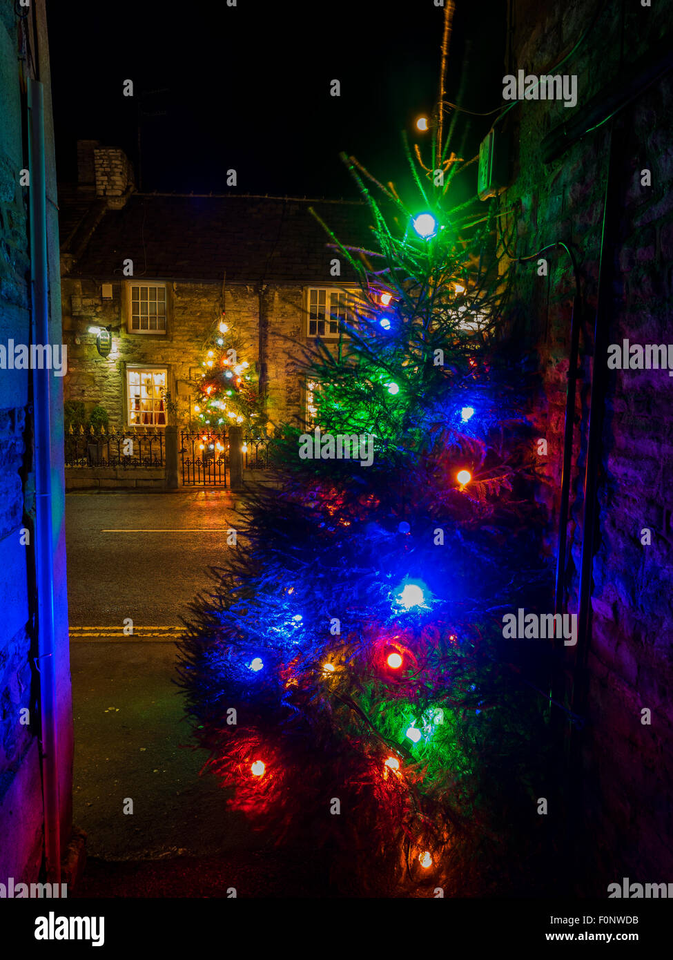 Christmas illuminations in the Peak District village of Castleton