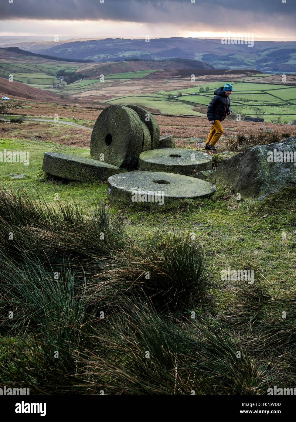 Landscape of Stanage edge in the Peak District Derbyshire England during bad weather December 2014 Stock Photo