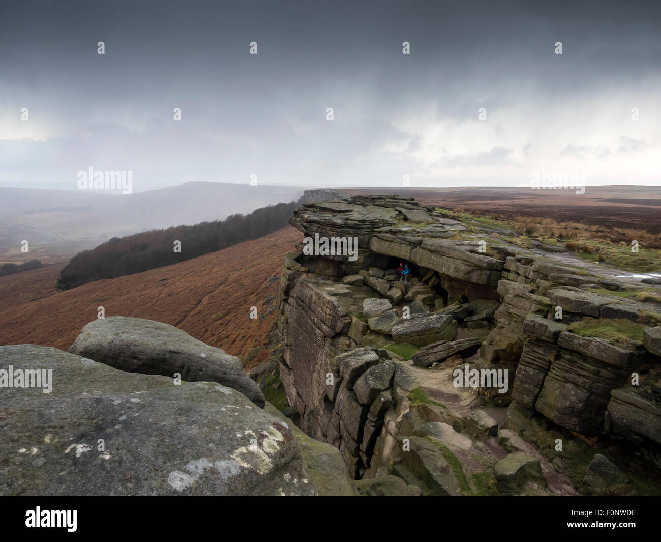 Landscape of Stanage edge in the Peak District Derbyshire England during bad weather December 2014 Stock Photo