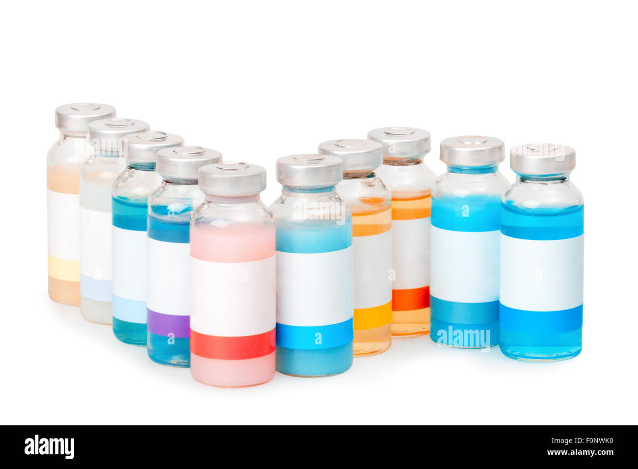 Group of the isolated vials with colored substances with clean labels Stock Photo