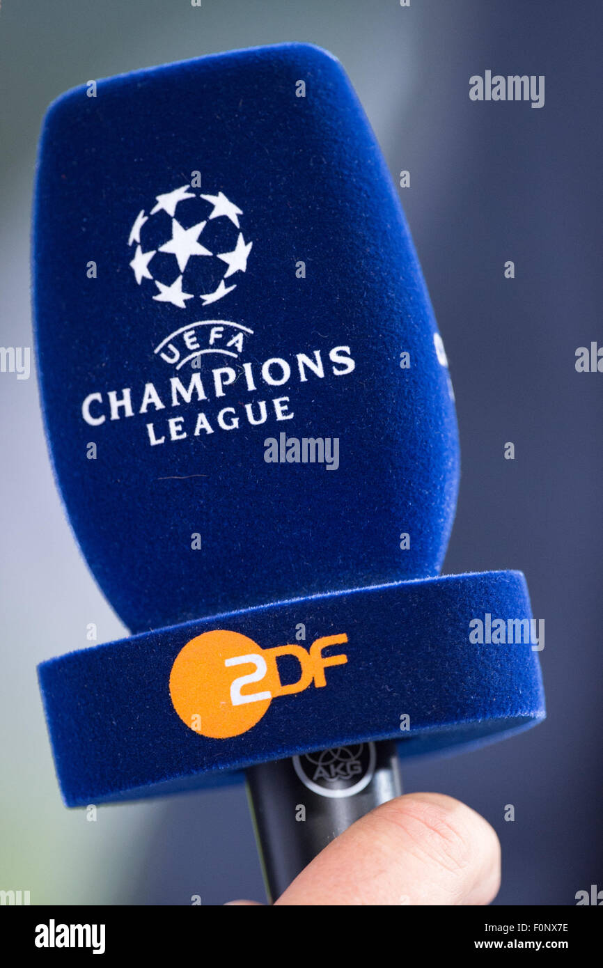 Rome, Italy. 18th Aug, 2015. A microphone labelled with the UEFA Champions  League logo and the logo of the German TV station ZDF prior to the UEFA Champions  League play-off round first