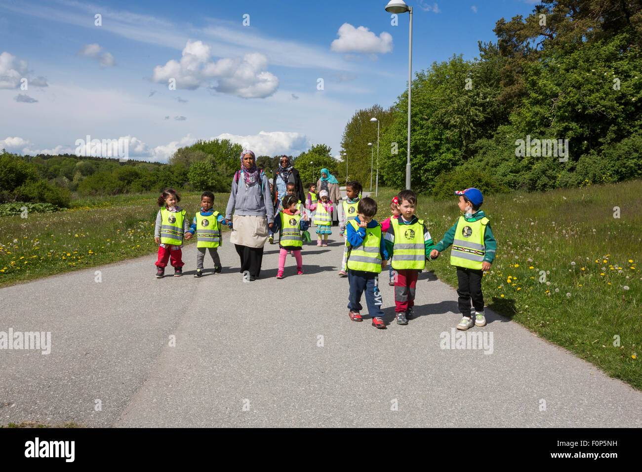 Kindergarten children on walk Stock Photo