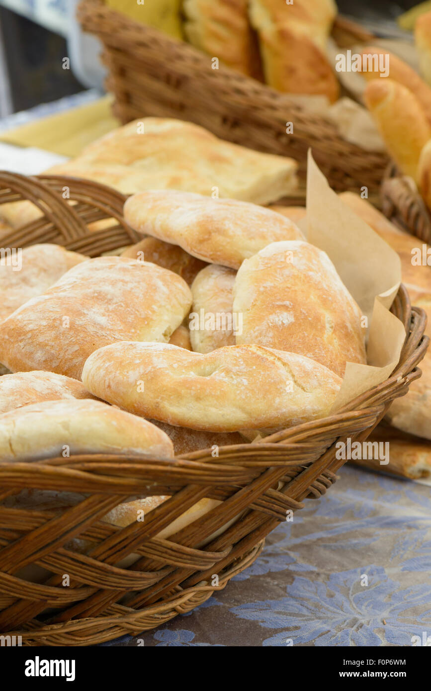 The typical Italian bread for sale to the market, in the baskets of