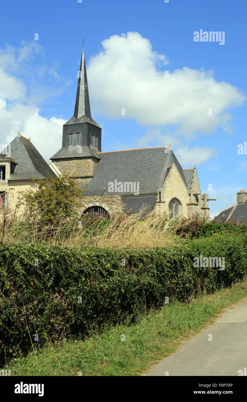 Eglise de la Nativite from Rue du Vrai Secours, Ile d'Arz, Morbihan, Brittany, France Stock Photo