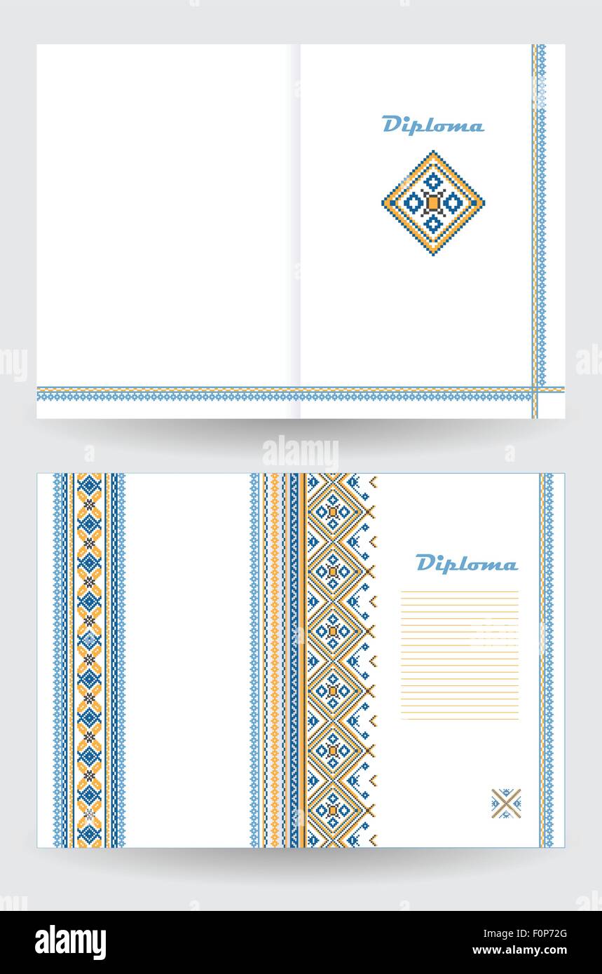 Certificate or diploma template with ethnic ornament pattern in white blue yellow colors Stock Vector