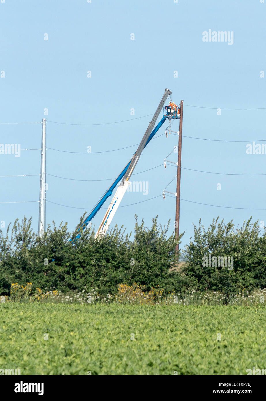 Hydro workers on crane working on power lines just outside Forest, Ontario, Canada Stock Photo