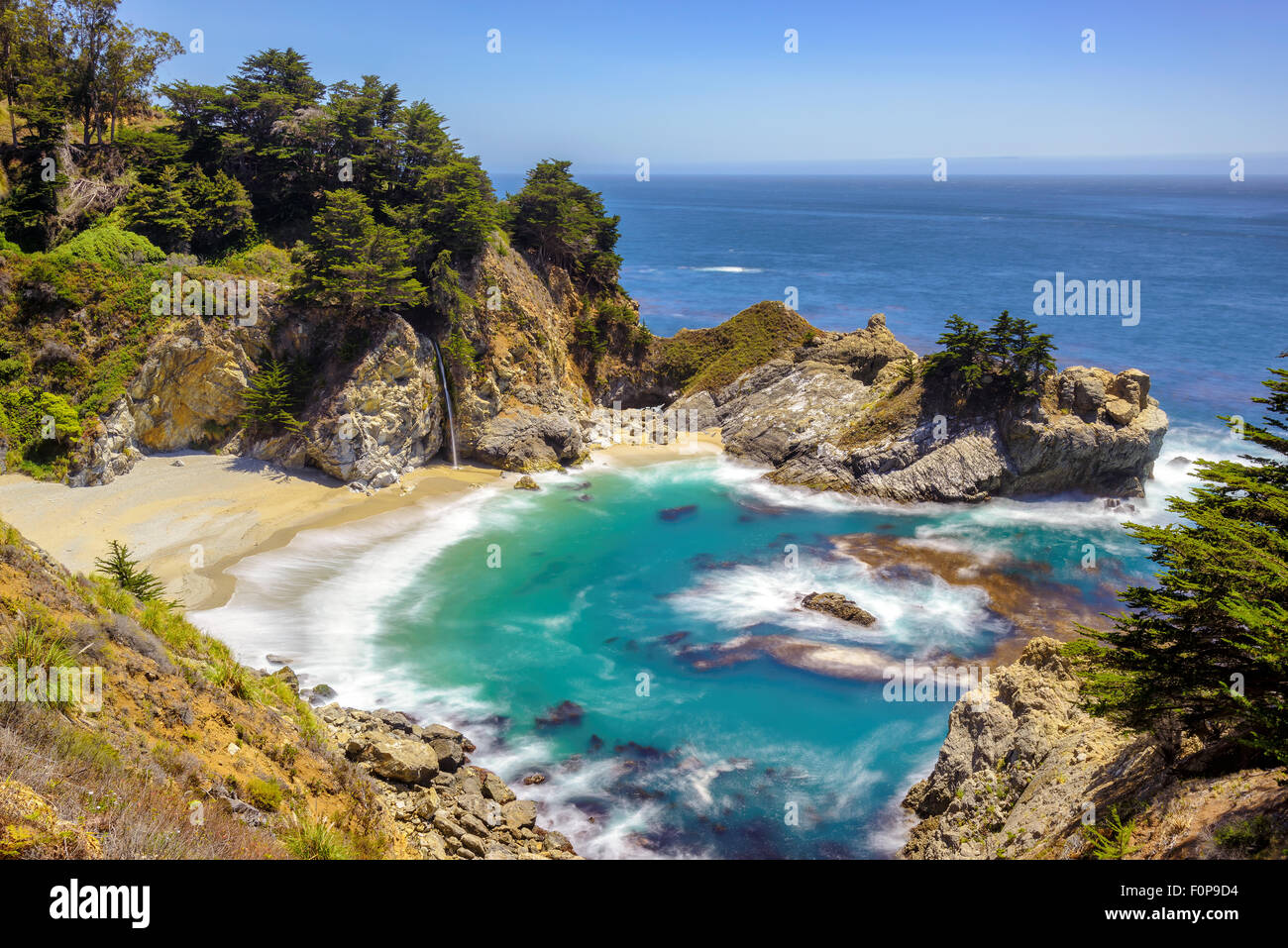 Fine beach and falls, Long exposition, Pacific coast, Julia Pfeiffer beach, California Stock Photo