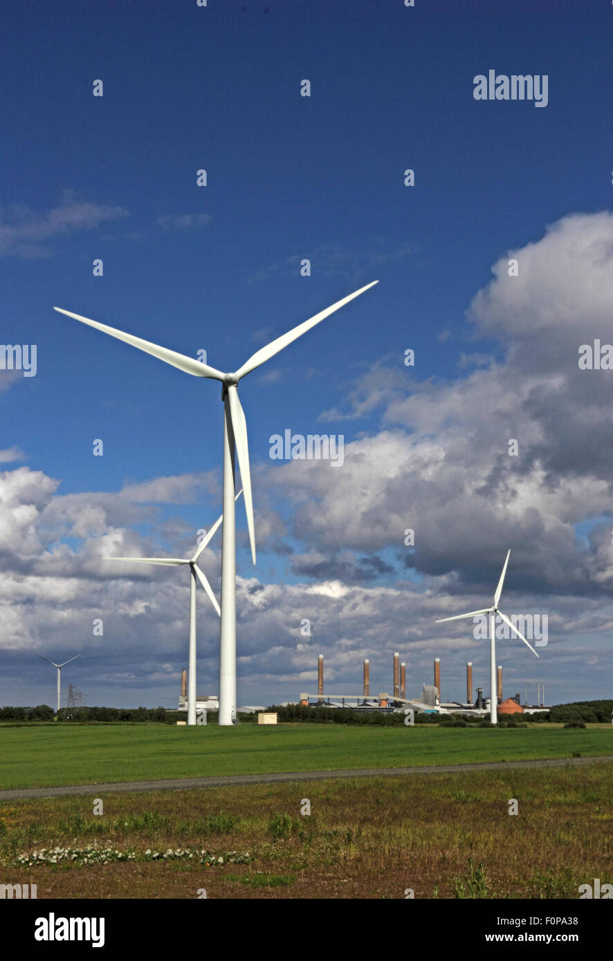 Lynemouth Windfarm, with Aluminium Smelter in background Stock Photo
