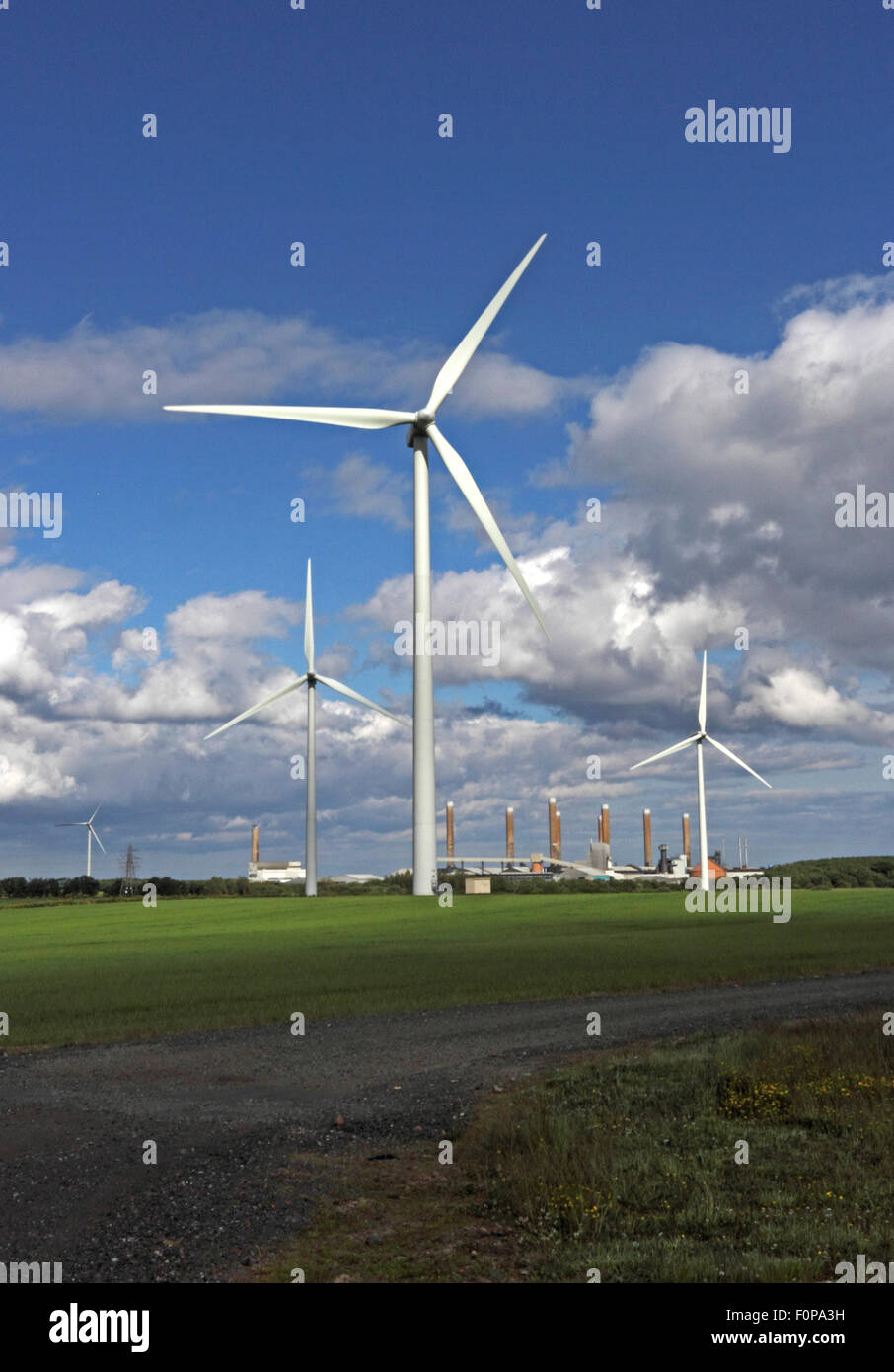 Lynemouth Windfarm, with Aluminium Smelter in background Stock Photo