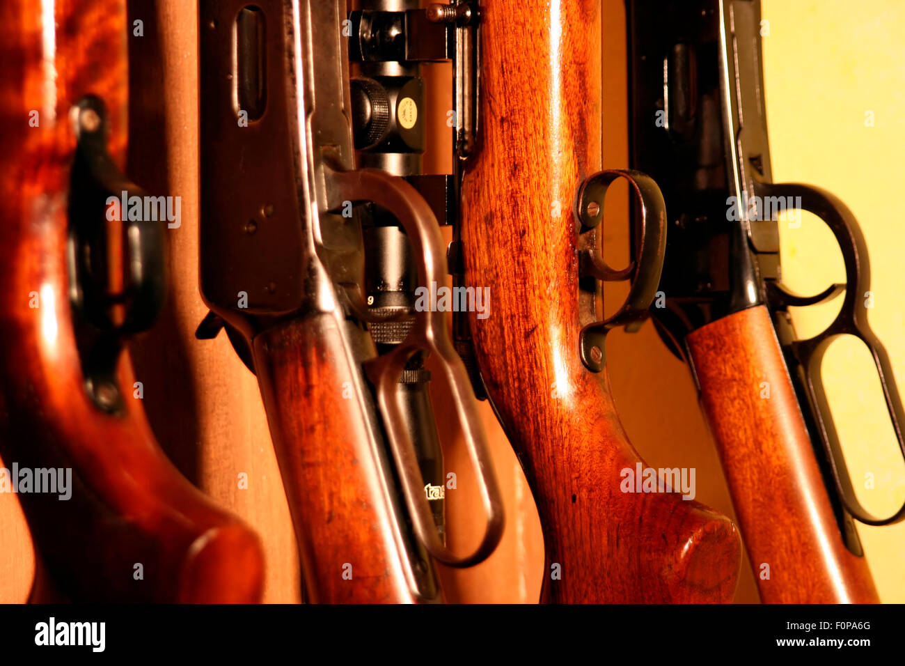 Macro shot of rifles in a gun cabinet Stock Photo