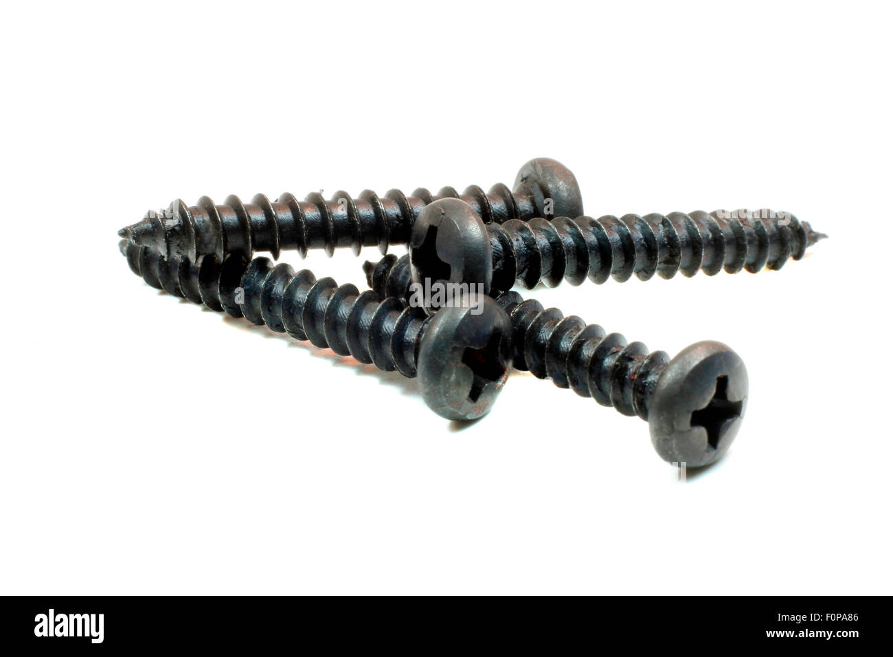 Several black screws on a white background Stock Photo
