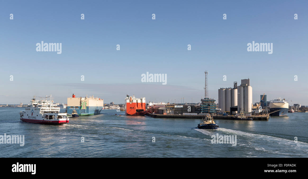 A view of Dock Head in Southampton's Eastern Docks with three car carrying ships in view plus