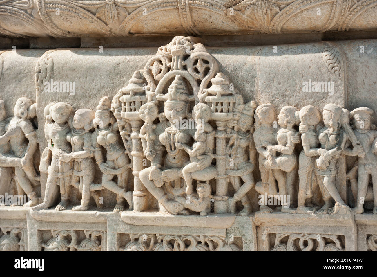 India; road from Udaipur to Jodhpur. Ranakpur Jain Temple. Detail carving. Stock Photo