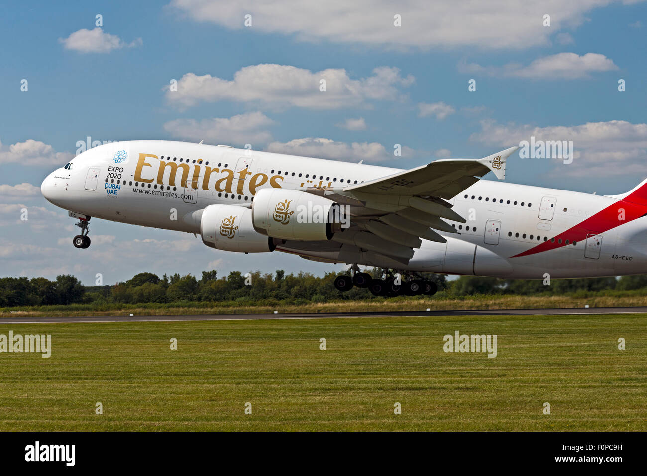 A6-EEC Emirates Airbus A380-800 Expo 2020 Dubi UAE Manchester Airport england uk departure rotation Stock Photo